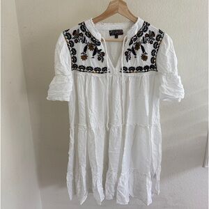 Embroidered White Mini Dress with Floral Yoke